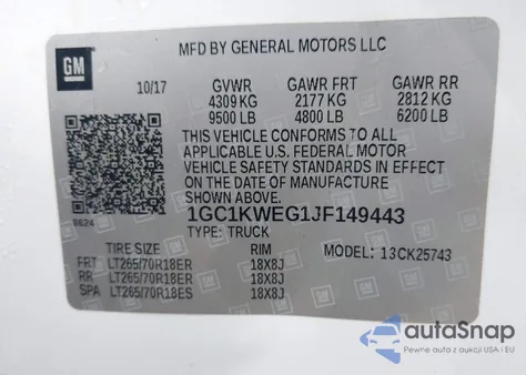 2018 Chevrolet Silverado 2500Hd Ltz z USA, uszkodzony, nr VIN 1GC1KWEG1JF149443